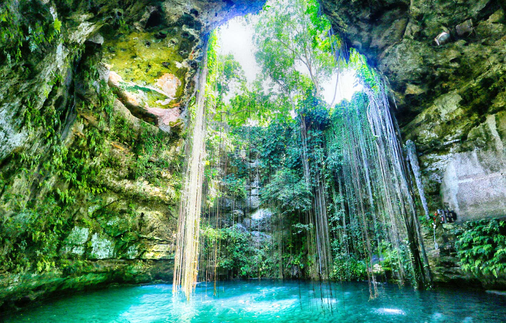 Con el tiempo, los cimientos de piedra caliza de la Península de Yucatán colapsaron y dejaron sumideros llenos de agua conocidos como cenotes.