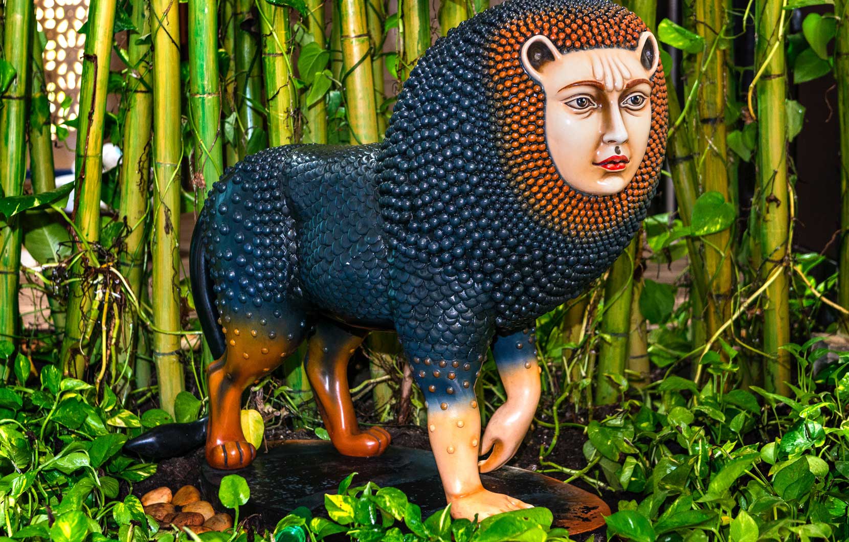 One of Bustamante's fantastical creatures perched in the gardens at Spatium.