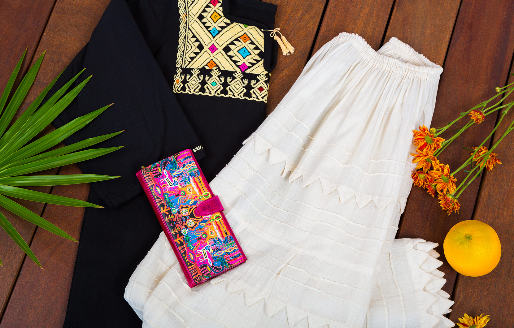 A Mexican-style purse, blouse, and skirt from La Plaza.